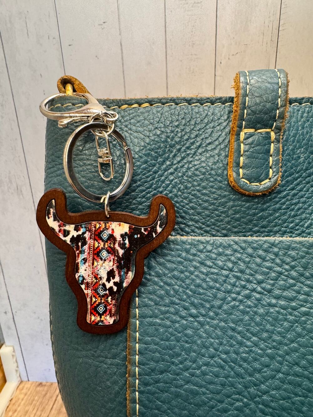 Wood Western Bag Charm Cow Colorful Wooden Keychain Charm Clip